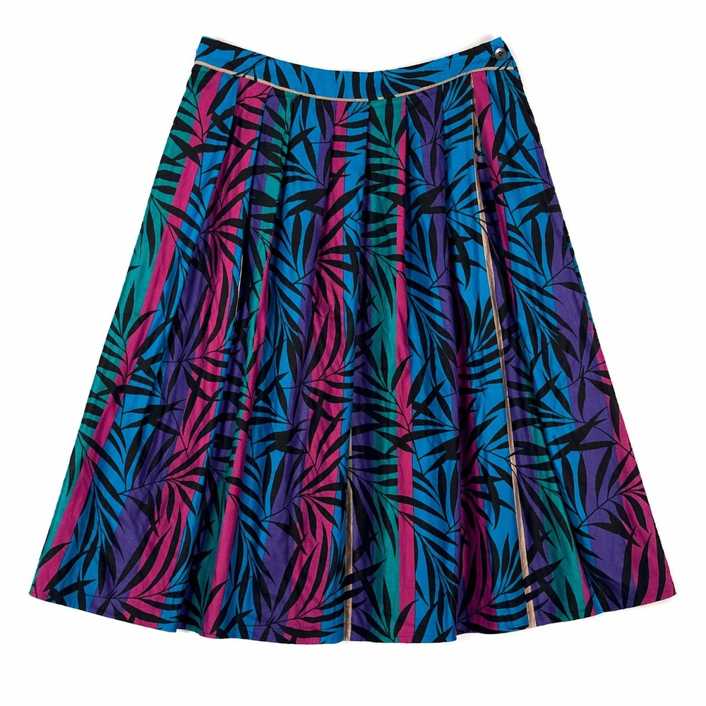Vtg 80s Pan-her Rainbow Skirt Zebra Palm Print Pleated Blue Pink Neon Sz 12‎